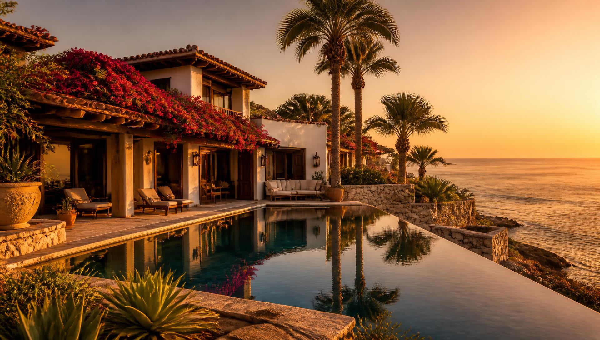 Sunlit Mediterranean luxury villa with an infinity pool overlooking the sea